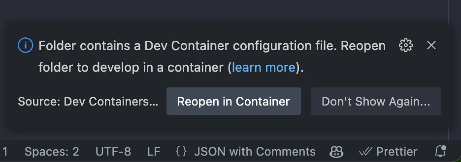 VS Code notification on opening a project prepared for Dev Containers