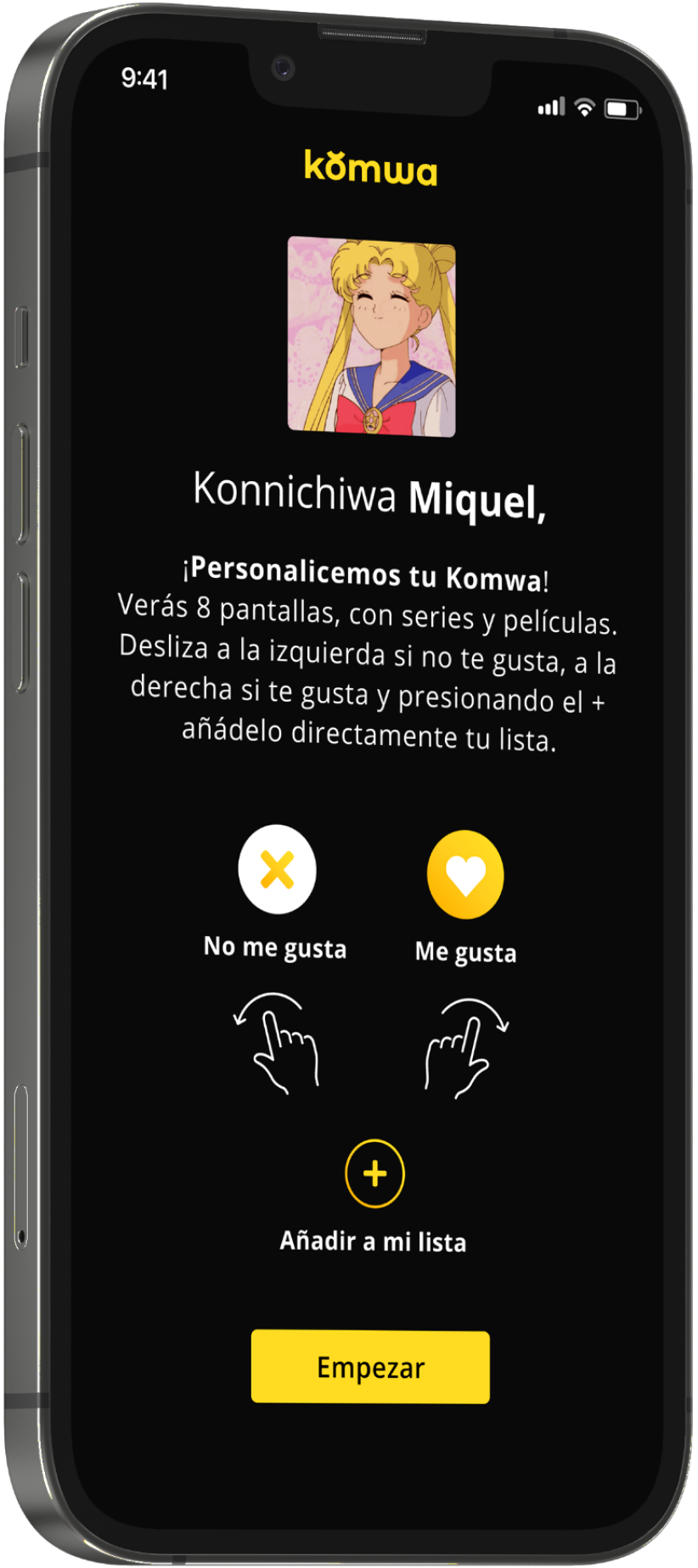 Komwa Tinder screen design mockup