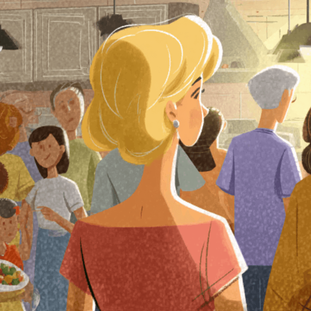 Жінка стоїть спиною на сімейному гулянні