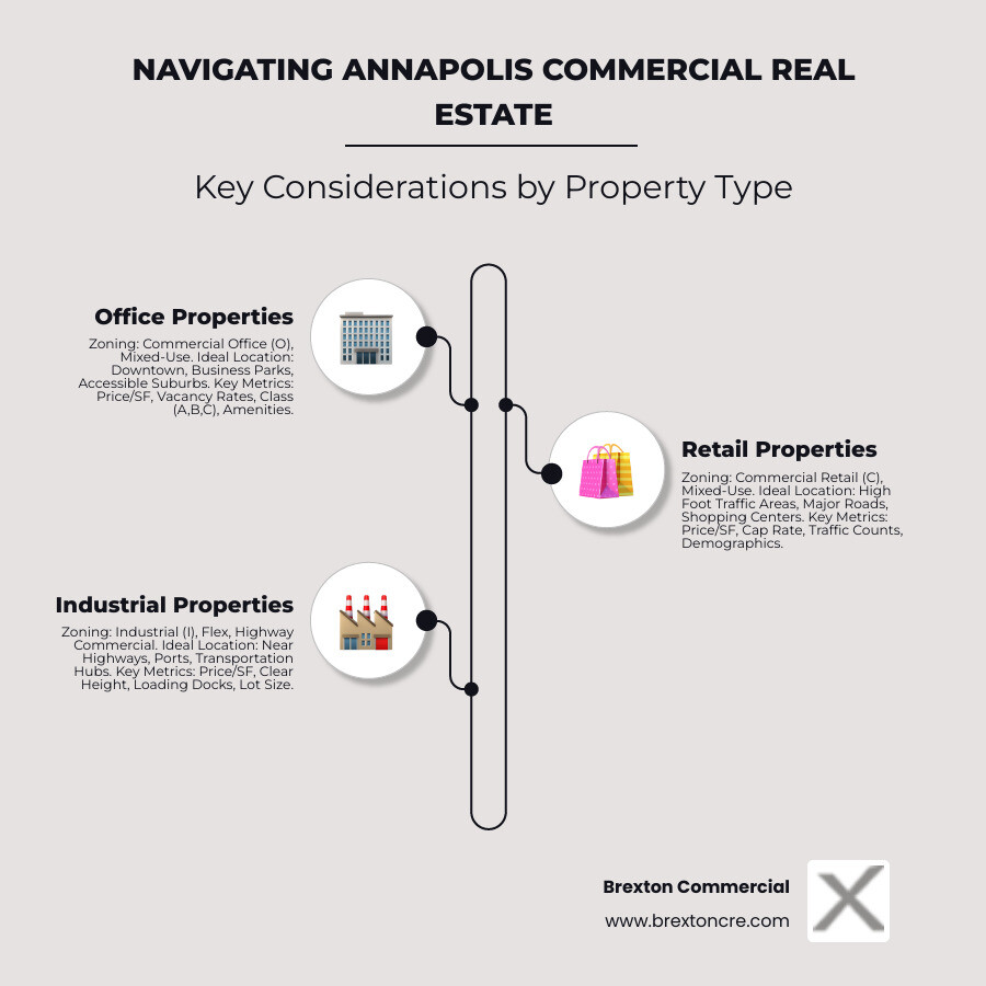 Infographic: Key considerations for Office, Retail, and Industrial properties, including zoning, ideal location, and key metrics. - annapolis commercial real estate for sale infographic infographic-line-3-steps-neat_beige