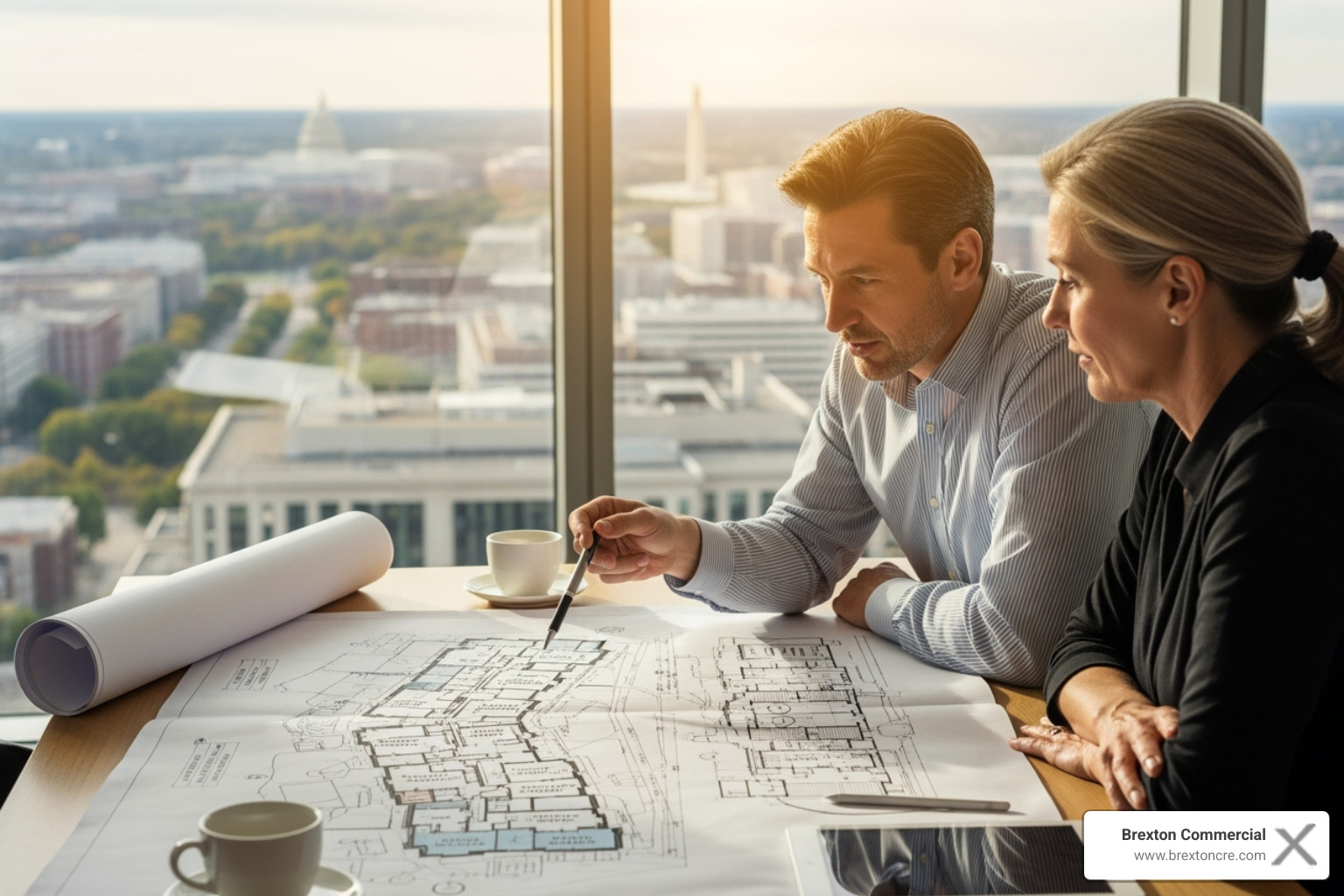 A real estate advisor showing a commercial property blueprint to an investor in an urban setting like Washington D.C. - Real estate investment advice