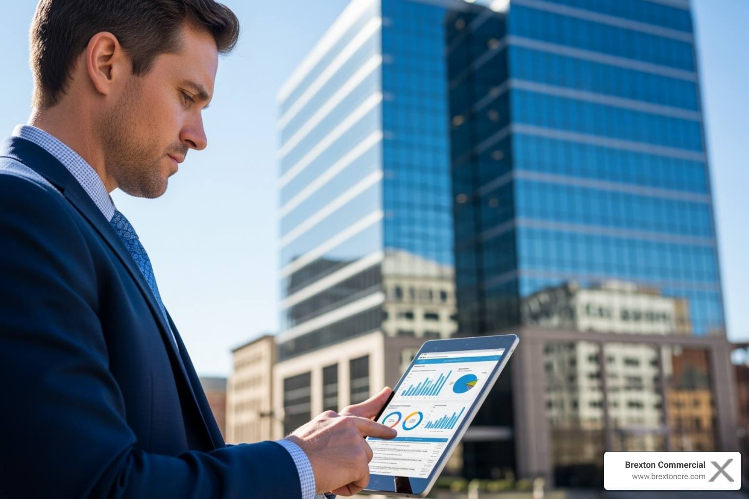 real estate professional analyzing data on a tablet in front of a property in Baltimore or D.C. - commercial real estate brokerages