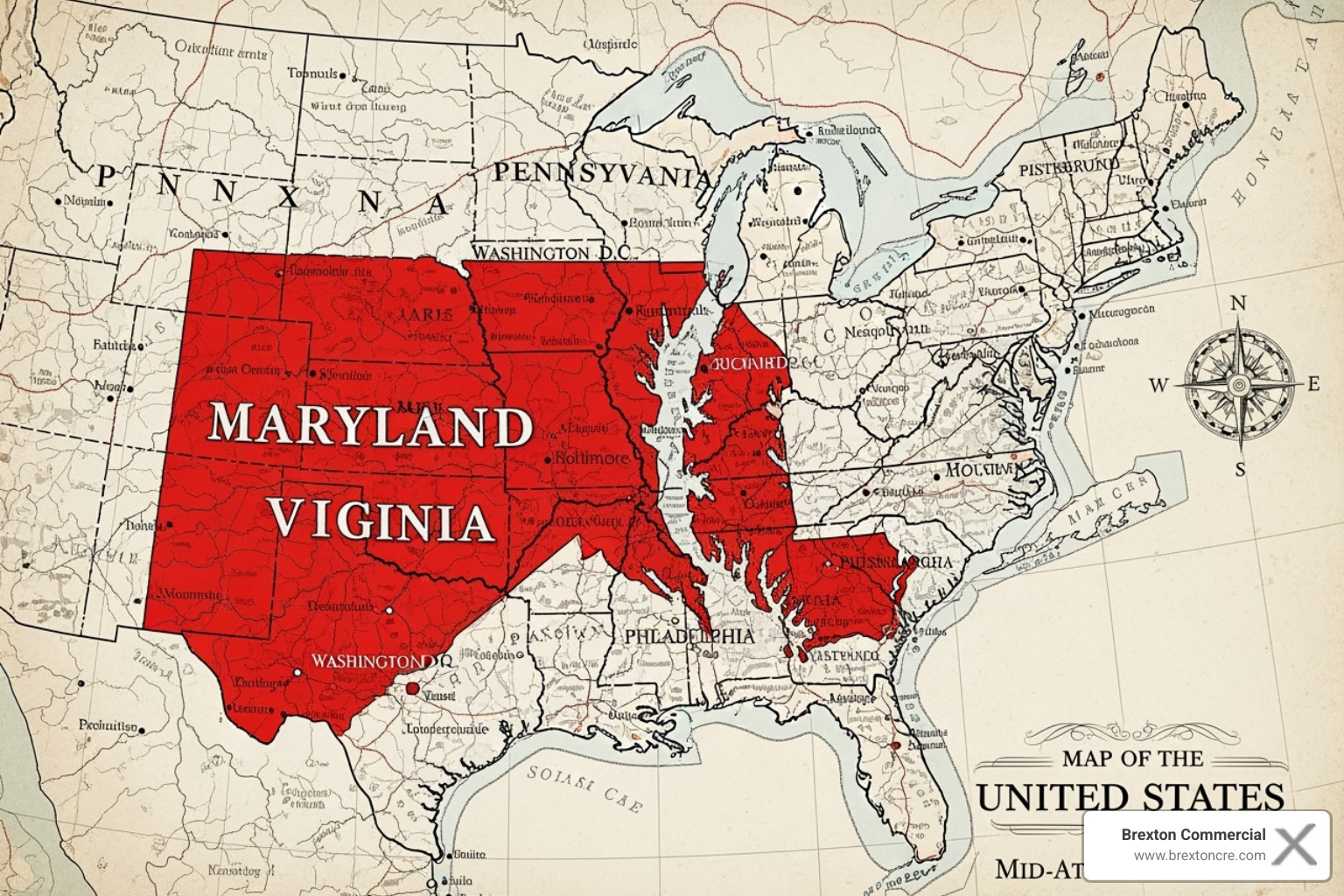 map highlighting Maryland, D.C., Virginia, and Pennsylvania to emphasize local expertise - commercial real estate brokerages