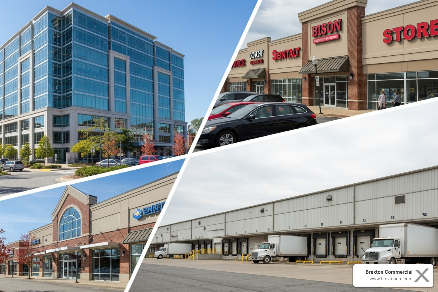 collage of different commercial properties: a sleek office building, a busy retail center, and a large industrial warehouse in the Mid-Atlantic - commercial real estate brokerages