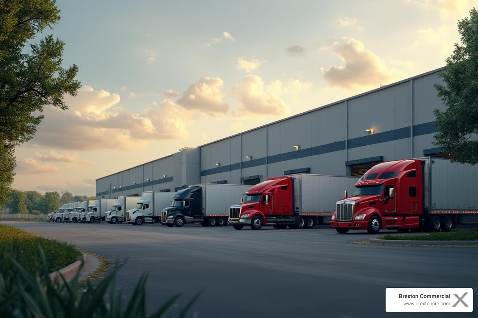 large distribution warehouse with trucks at loading docks in Maryland - industrial property for sale washington dc