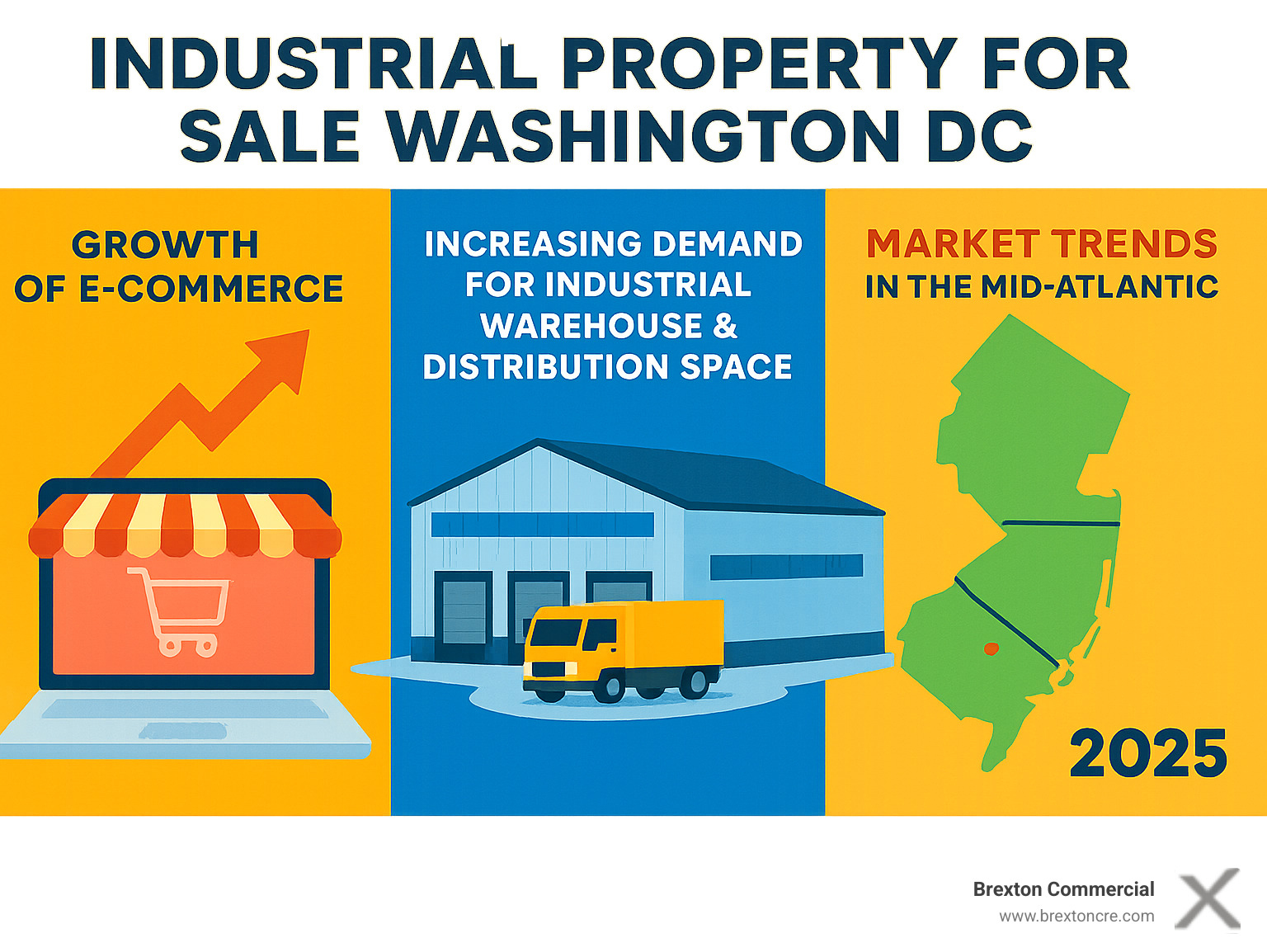 Infographic illustrating the growth of e-commerce, its increasing demand for industrial warehouse and distribution space, and the resulting market trends in the Mid-Atlantic region including Washington D.C., Maryland, Virginia, and Pennsylvania - industrial property for sale washington dc infographic 