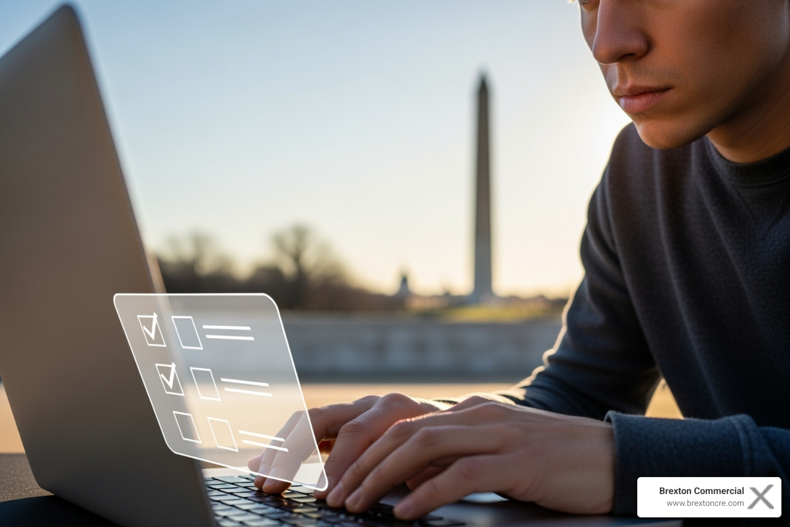 A person in Washington D.C. researching on a laptop with a checklist overlay, symbolizing the careful consideration and systematic approach required to select the best online investment advisor.