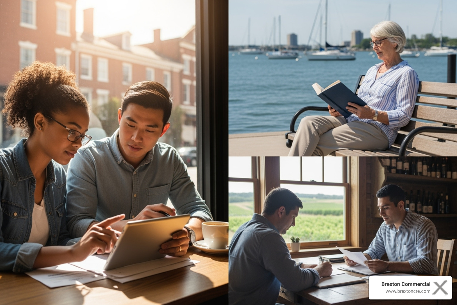 Diverse investors in a Virginia setting, like a young couple discussing their financial future, a retiree enjoying leisure activities, and a small business owner reviewing documents, symbolizing the range of individual financial goals and needs.