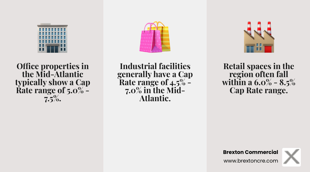 table comparing typical Cap Rate ranges for Office, Retail, and Industrial properties in the Mid-Atlantic - commercial real estate properties infographic 3_facts_emoji_grey