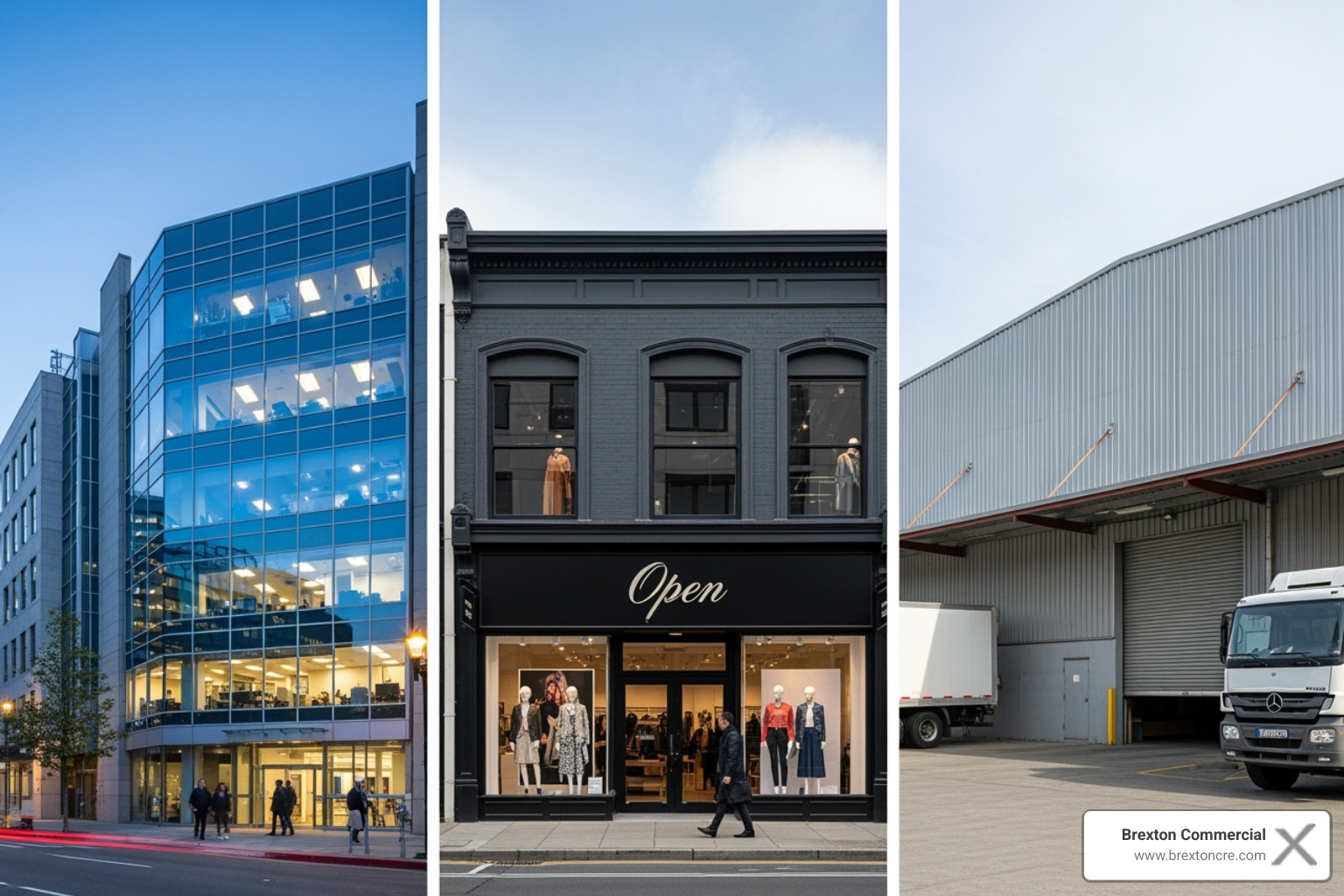 A diverse portfolio of commercial properties, including a modern office building, a retail storefront, and an industrial warehouse, symbolizing a full-service real estate firm - commercial real estate relator virginia beach