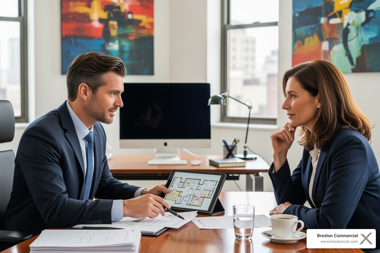 A professional commercial real estate agent reviewing documents with a client in a modern office setting, representing professional consultation - commercial real estate relator virginia beach