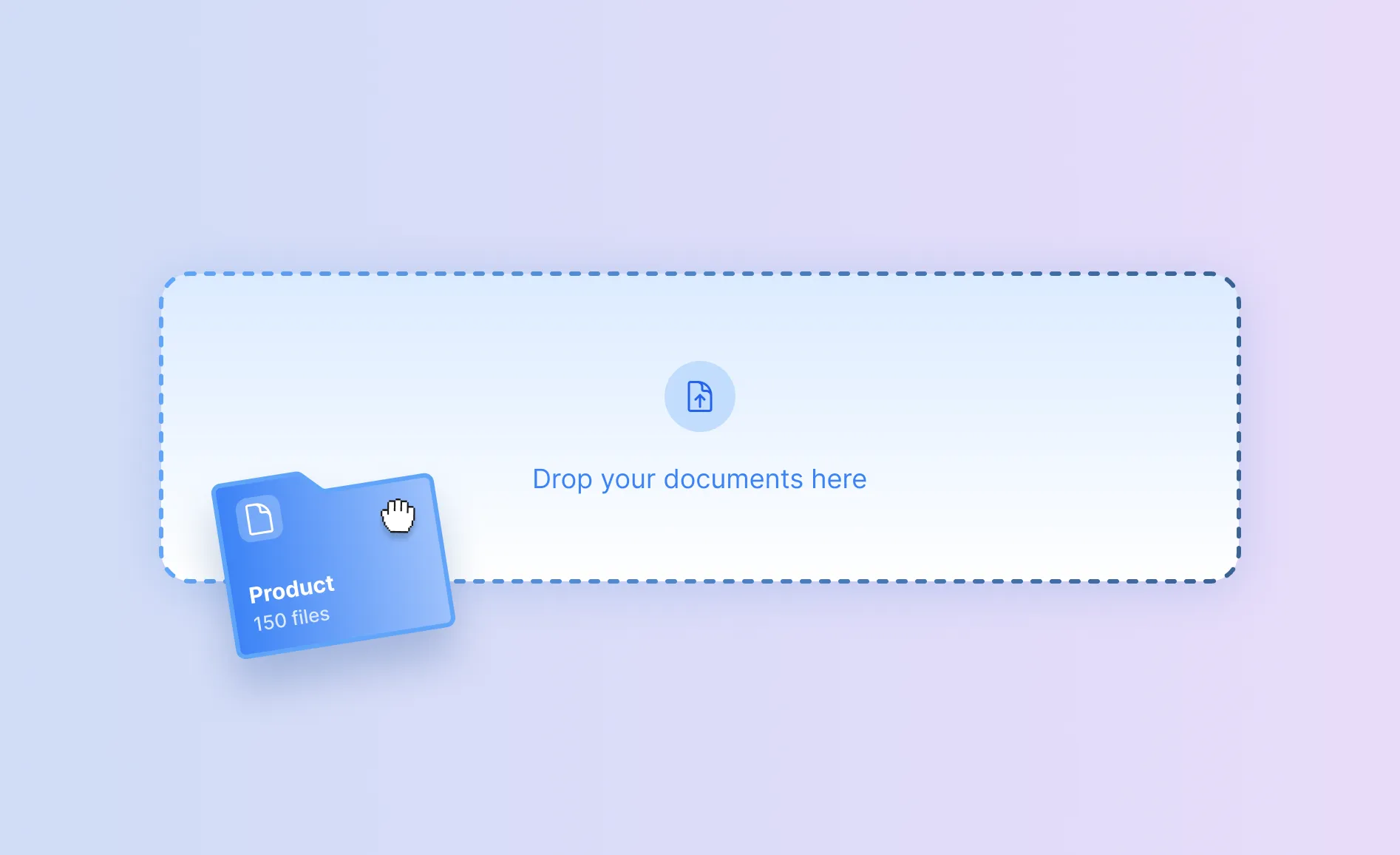 Blue file folder labeled 'Product' with 150 files being dragged over a rectangular drop zone with message 'Drop your documents here'.