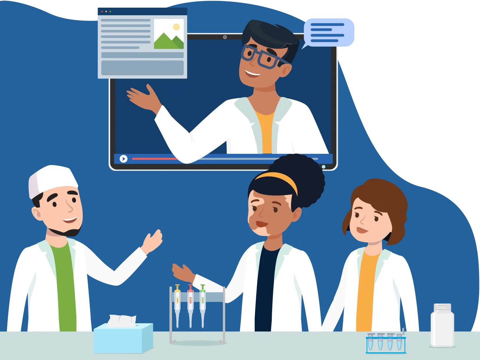 Scientists talking to each other, one is one a screen.