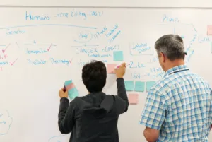 Two people mapping out simulations on a whiteboard.