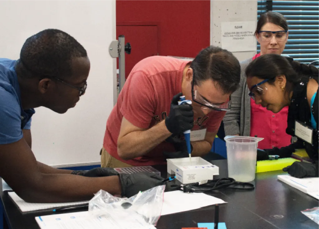 A group of scientists using a micropipette