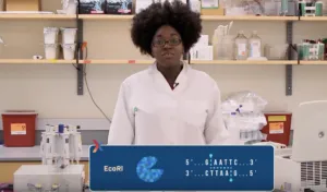 A screenshot of Monique Brewster, the scientist featured in LabXchange's Restriction Enzyme Digest method video.