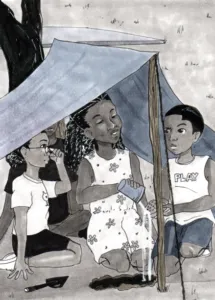 Here is one of the illustrations from the first book To Africa and Back. Cliff and his cousin Quisha are digging for treasure but Shandra, his older cousin doesn’t like to get dirty, so she cleans his rock.