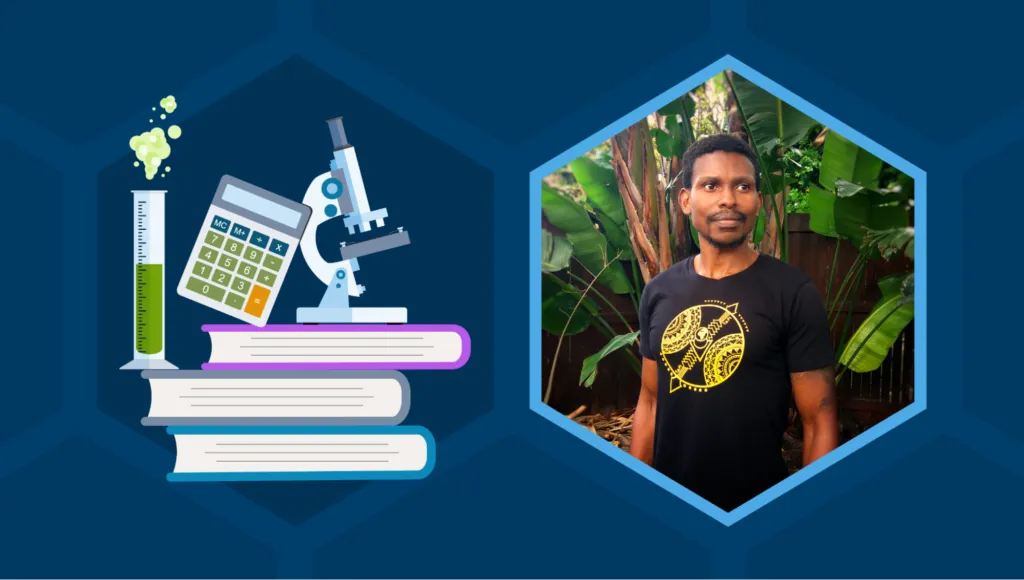 A portrait of Tapiwa Guzha, a Black man, in a hexagon-shaped frame. Tapiwa is standing in front of some big leafy plants. He has short black hair, a short black beard, and is wearing a black t-shirt. On the left against a background of hexagons is a cartoon illustration of a microscope, a calculator, and a test tube on top of a stack of books.