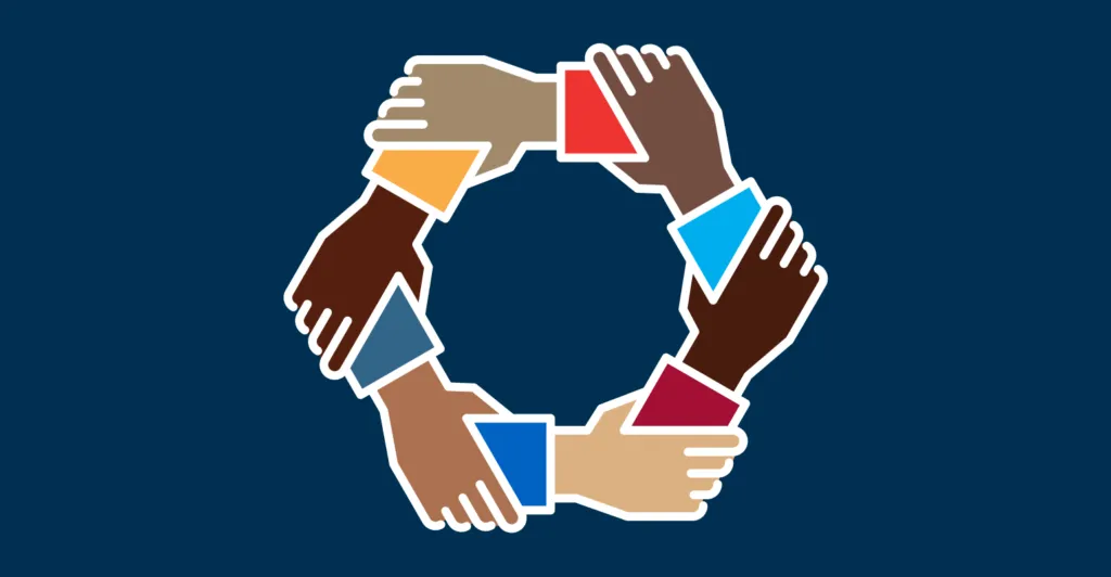 The RDEISE logo, which is a circle of hands of different skin tones all holding each other by the wrist, against a blue background.