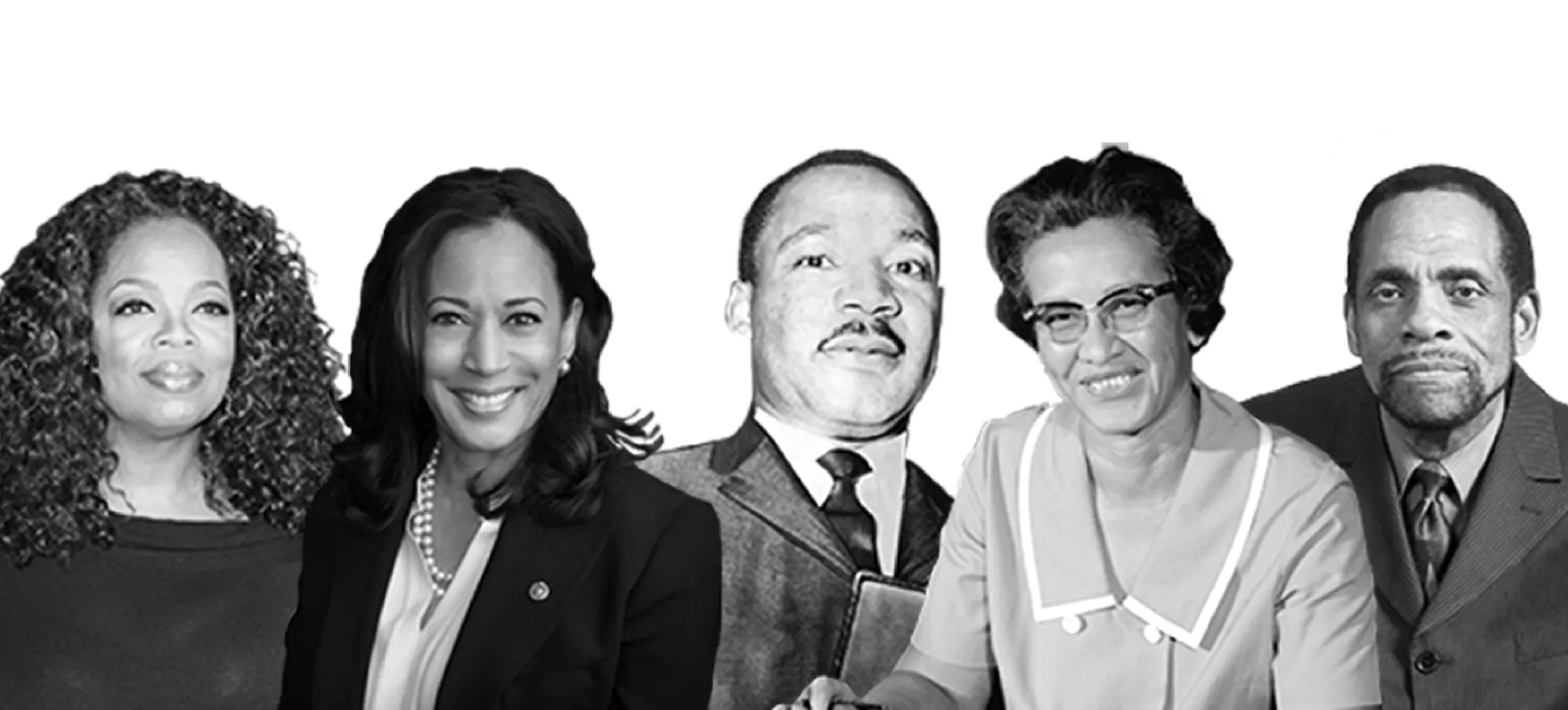 A black and white photograph collage of Oprah Winfrey, Kamala Harris, Martin Luther King Jr., Katherine Johnson and George Alcorn.