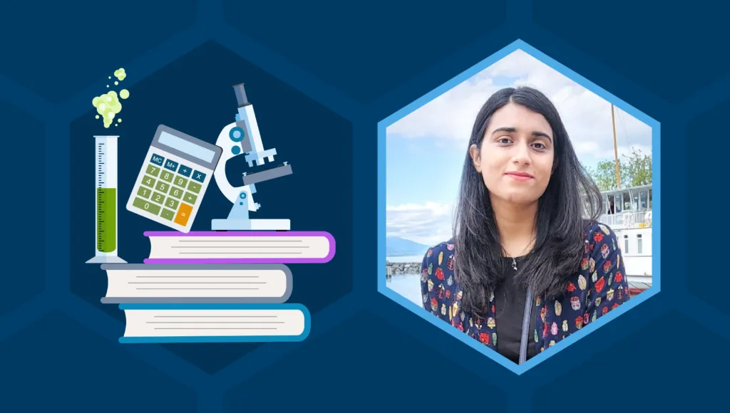 A portrait of Hareem Raza, a Pakistani woman, in a hexagon-shaped frame. Hareem is outdoors in front of a lake and boat. She has long black hair, brown eyes, and is wearing a colorful, patterned jacket. On the left against a background of hexagons is a cartoon illustration of a microscope, a calculator, and a test tube on top of a stack of books.|A portrait of Hareem Raza, a Pakistani woman, in a hexagon-shaped frame. Hareem is outdoors in front of a lake and boat. She has long black hair, brown eyes, and is wearing a colorful, patterned jacket. The text reds, "Believe in yourself and your abilities. You belong in STEM just as much as anyone else, and your unique perspective and experiences are essential to advancing the field and creating an impact in the world."|A hand is holding a book with a pink cover and illustrations of green leaves and ferns. The cover text reads, "Advice to Remember: A Journal."