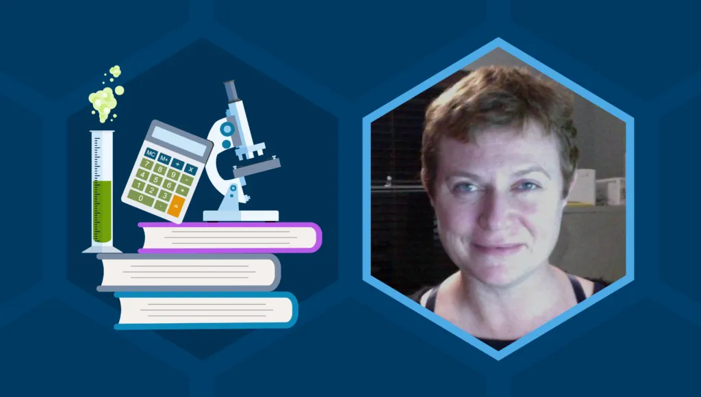 A portrait of Jillian Vogel, a white woman, in a hexagon-shaped frame. Jillian is in an office. She has short blond hair, blue eyes, and is wearing a black top. On the left against a background of hexagons is a cartoon illustration of a microscope, a calculator, and a test tube on top of a stack of books.|A portrait of Jillian Vogel, a white woman, in a hexagon-shaped frame. Jillian is in an office. She has short blond hair, blue eyes, and is wearing a black top. The text reads, "Learn to code! Even if you don’t want to stay in tech, code is a tool that will assist you in any field you choose to pursue, be it science, engineering, arts, or politics."