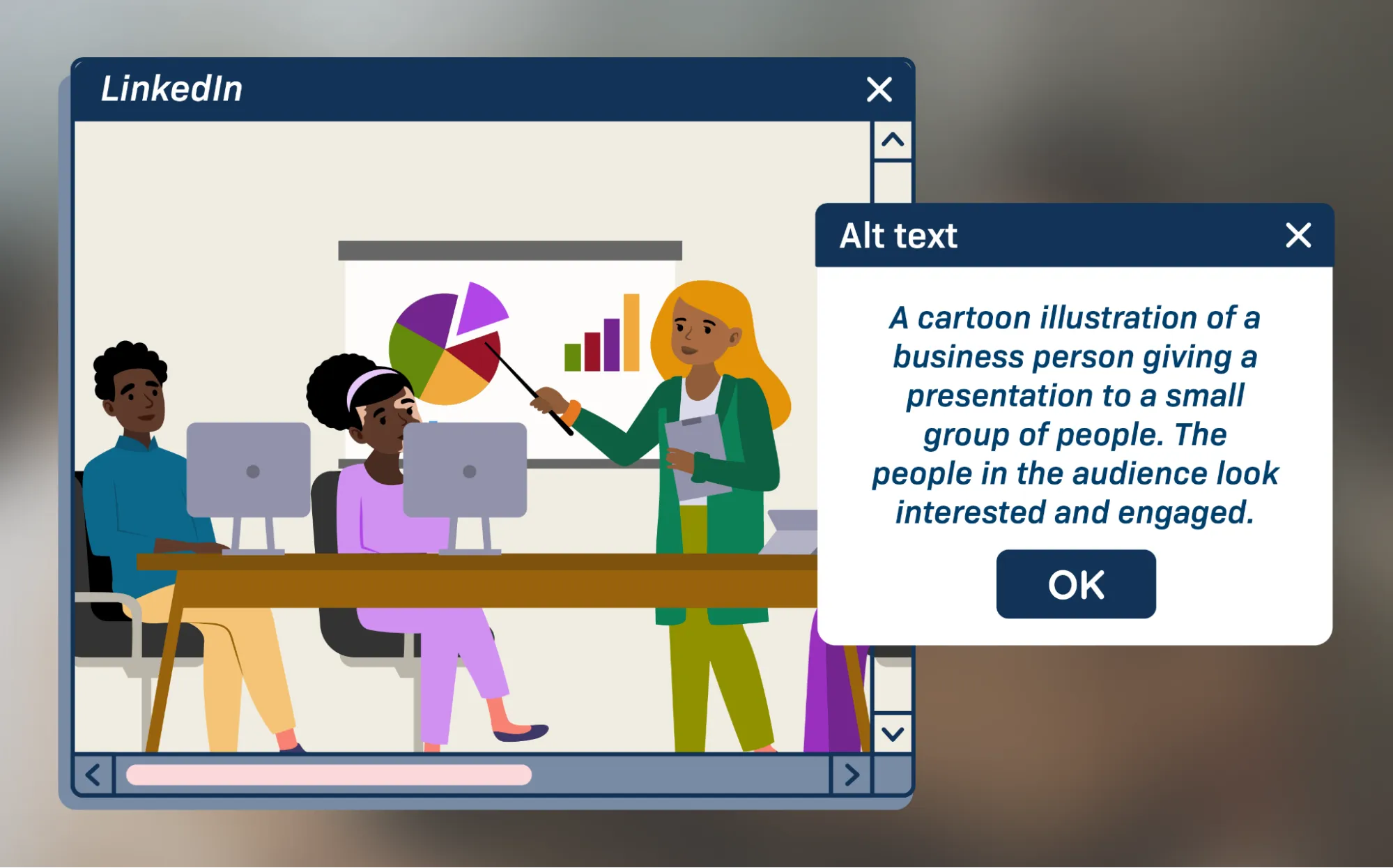 An example of an image with alt text on LinkedIn. The alt text reads: “A cartoon illustration of a business person giving a presentation to a small group of people. The people in the audience look interested and engaged.”