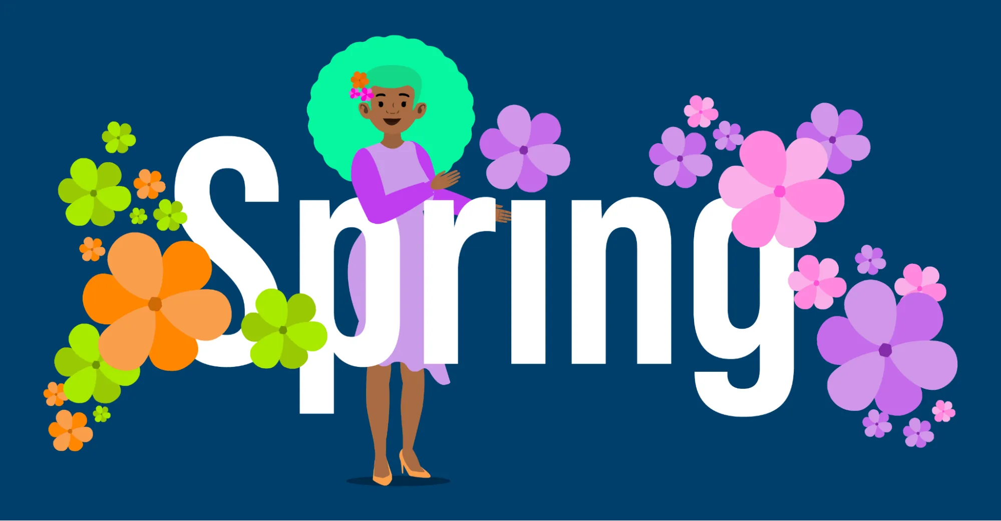 The word “Spring” in large white text against a blue background. Pink, orange, green, and blue flowers bloom all around it. A cartoon person with a green afro, wearing a purple dress, yellow high-heeled shoes, and flowers in their hair, leans on the letter P.
