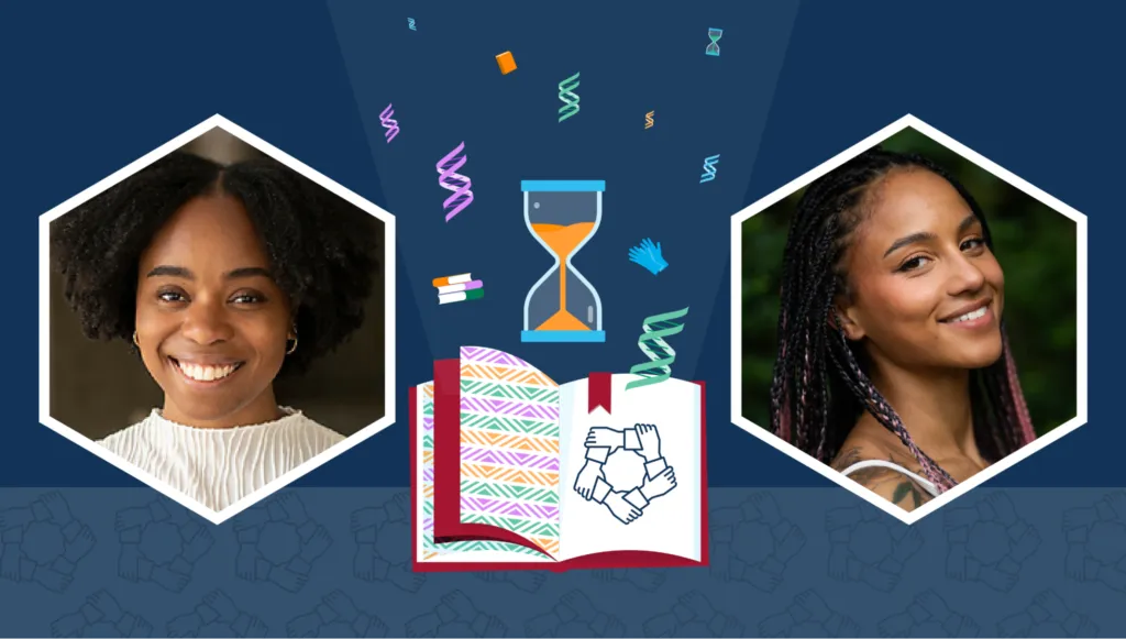 Udodiri Okwandu’s portrait is on the left, and Isis Dwyer’s portrait is on the right. In the middle, there is an hourglass, colorful helices strewn like confetti, and a textbook open to a page with the RDEISE logo, which is a circle of hands holding each other by the wrist.|A portrait of Udodiri Okwandu, a Black woman, against an office background. She has curly hair and is smiling. She’s wearing gold earrings and a white sleeveless blouse. A block quote reads: “Science is political and, consequently, must be interrogated, rather than perceived as infallible.