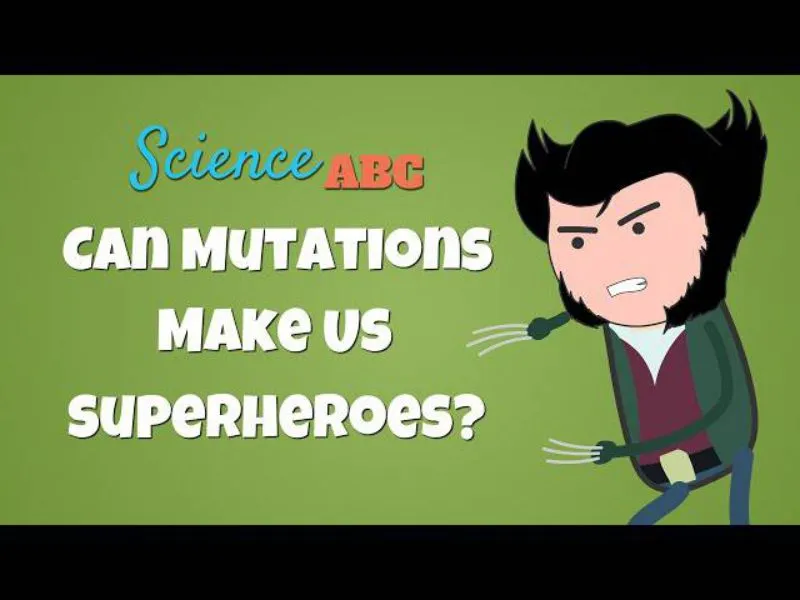Screenshot of the title card of a video "Can Mutations Make Us Superheroes?" It shows a cartoon depiction of Wolverine, a man with dark hair and sideburns as well as claws coming out of his hands.