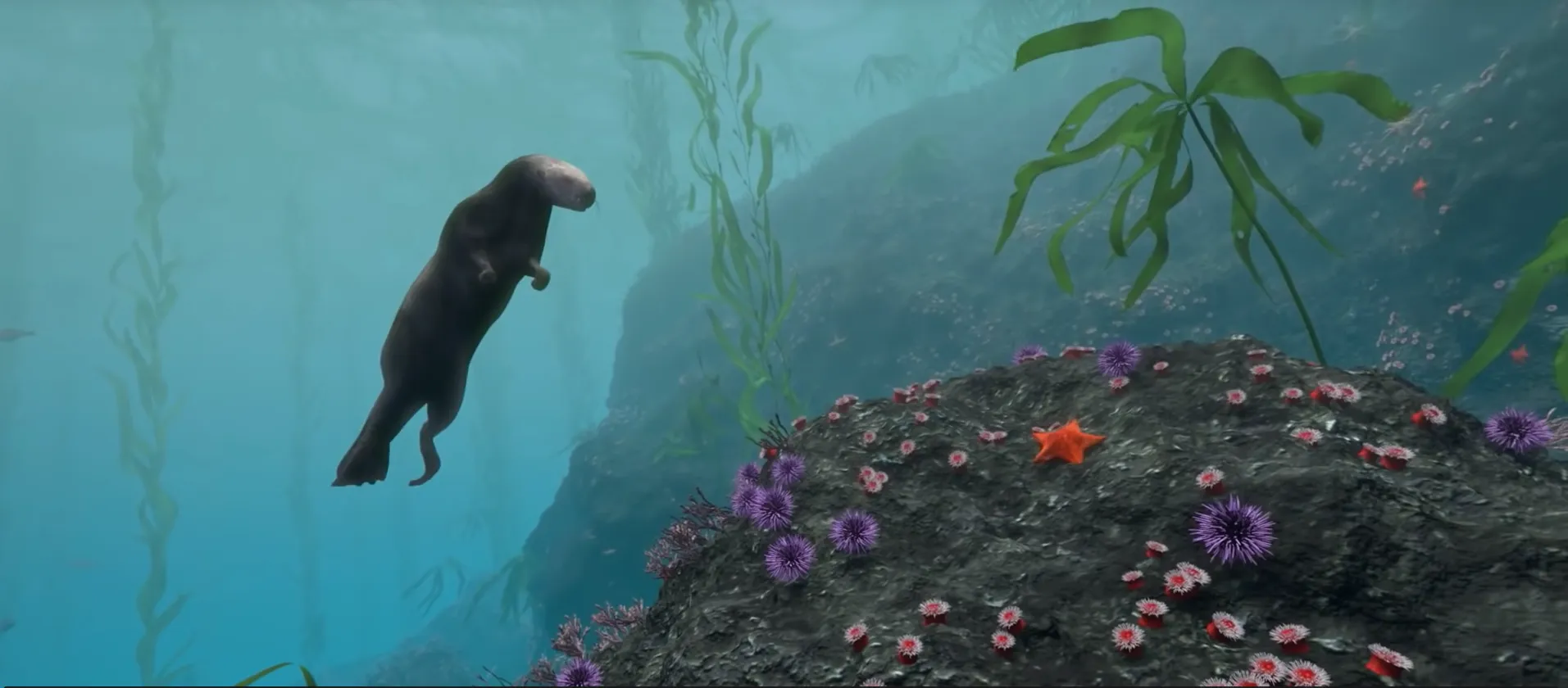 A computer-generated image of a sea otter looking for food underwater.