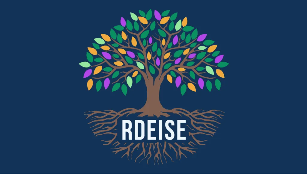 An illustration of a big tree with a blue background. The tree has deep roots and lots of green, orange, and purple leaves. Among the roots is the acronym “RDEISE.”