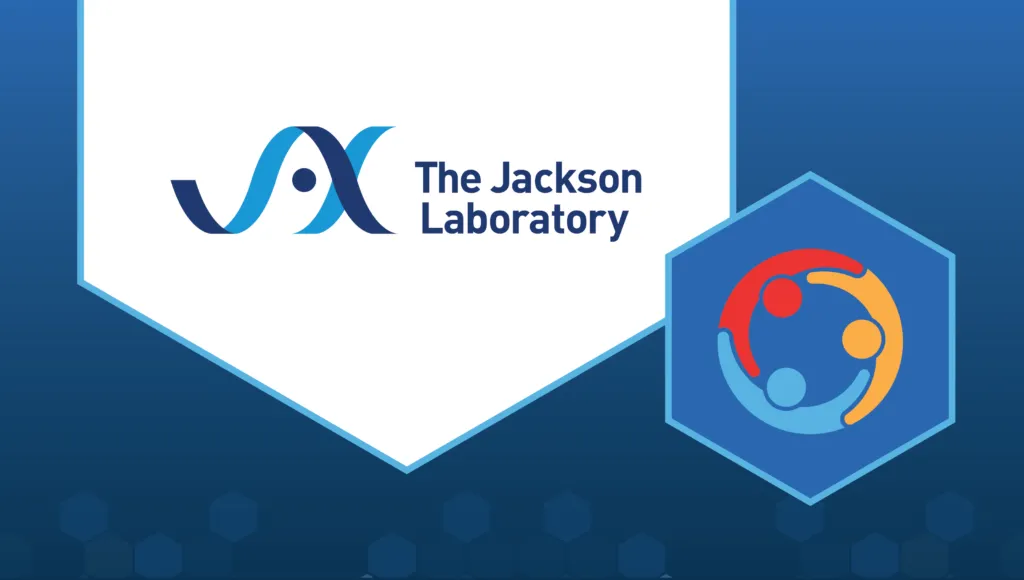 The logo of The Jackson Laboratory, with an illustration of three people, viewed from above, with hands on each other's shoulders.