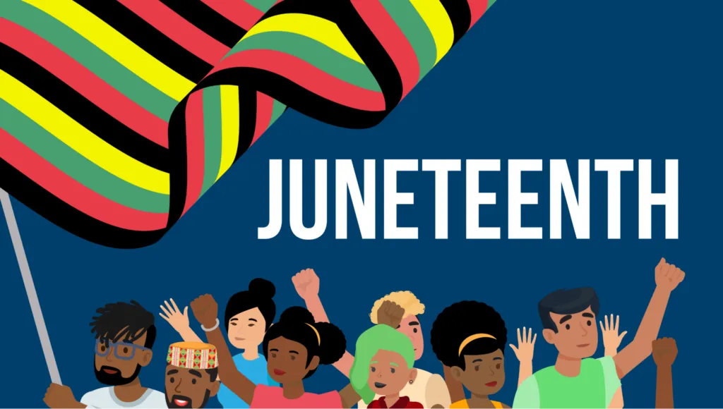 A cartoon illustration of a crowd of people of different genders and skin tones, all raising their hands in fists, under text that says “Juneteenth.” They look happy and energized. The person in front, who has short dreadlocks, is waving a big flag with black, yellow, green, and red stripes, the Pan African colors.