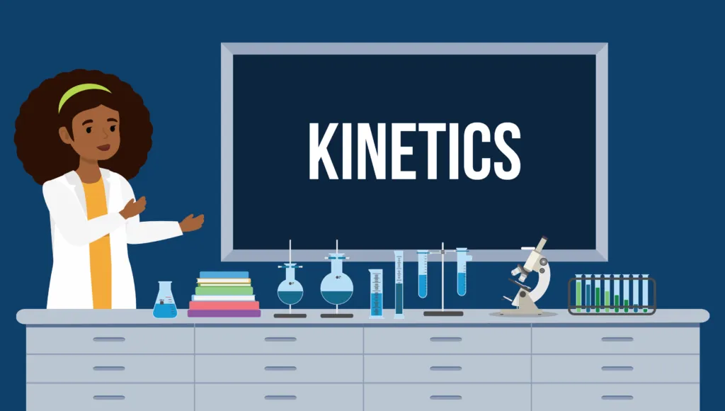 An illustration showing a Black woman in a lab coat standing behind a lab bench with a number of flasks, a microscope, and test tubes on it. In the background, a blackboard shows the word "Kinetics."