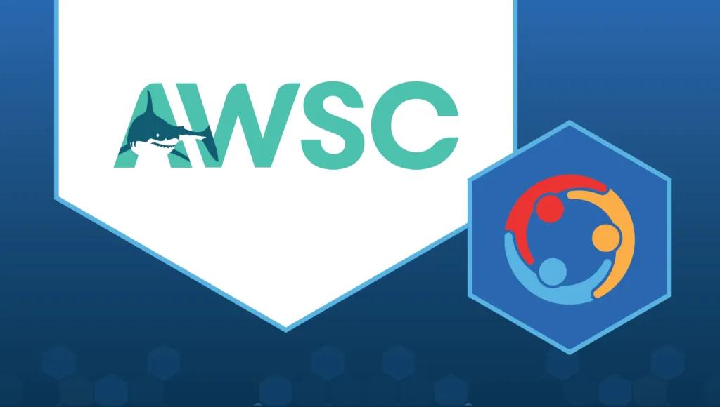 Logo of Atlantic White Shark Conservancy (AWSC), depicting a great white shark swimming through the text.