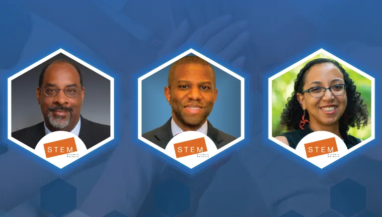 The portraits of Dr. Joseph Graves, Dr. Ivory Toldson, and Dr. Jamiella Brooks, superimposed against a blue background image of several people putting their hands together on top of each other. Dr. Graves, a Black man, is wearing oval-shaped glasses and a black suit jacket over a blue shirt. He’s smiling, and has short black hair and a thick black and gray beard. Dr. Toldson, a Black man, has short black hair and a short black beard. He’s wearing a black suit jacket over a checkered blue and white shirt. Dr. Brooks, a Black woman, has long curly hair and is smiling. She’s wearing glasses, red earrings, and a blue sleeveless blouse.