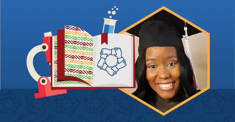 On the right is a portrait of Ginger Jeffery, a Black woman, in a black graduation gown and cap with a red and white tassel. She’s smiling widely, and has long black hair. On the left is an illustration of a microscope, a test tube, and a textbook open to a page with the RDEISE logo, which is a circle of hands all holding each other by the wrist.