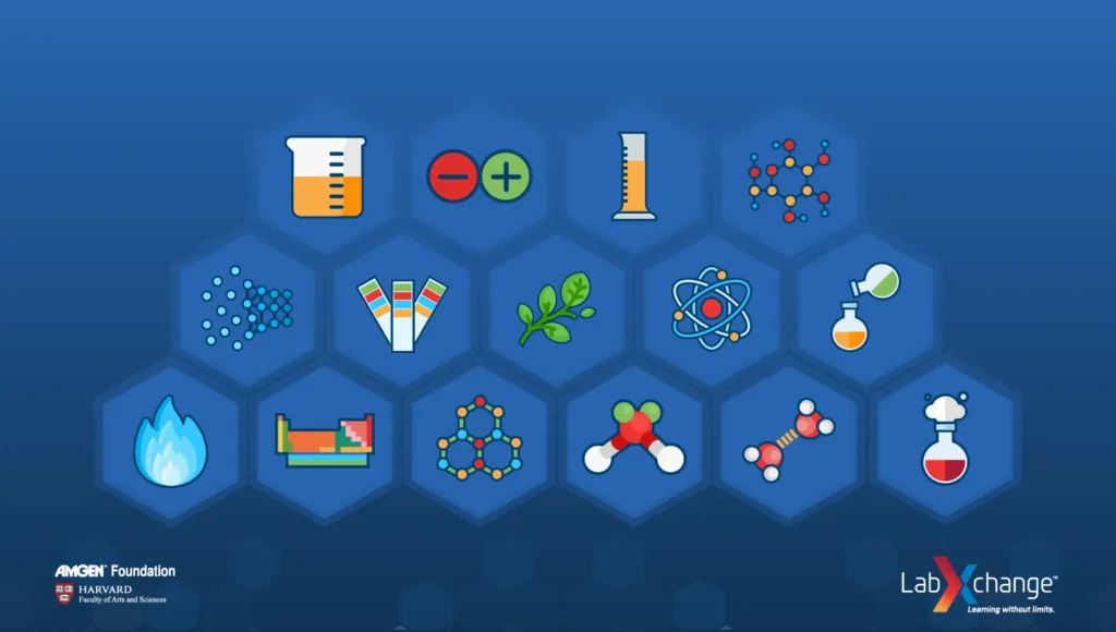 An illustration showing a selection of hexagons; within them are various components of chemistry, such as a beaker, an atom, bonds, pH test strips, and so on.