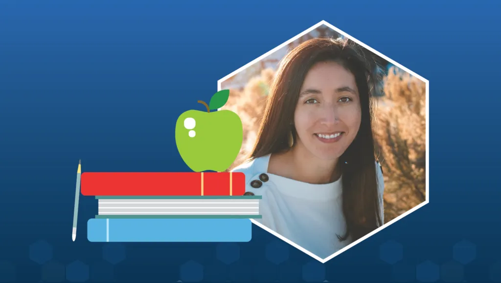 A picture of Autumn Rivera contained within a hexagon-shape frame, next to an illustration of three stacked books with a green apple sitting on top.