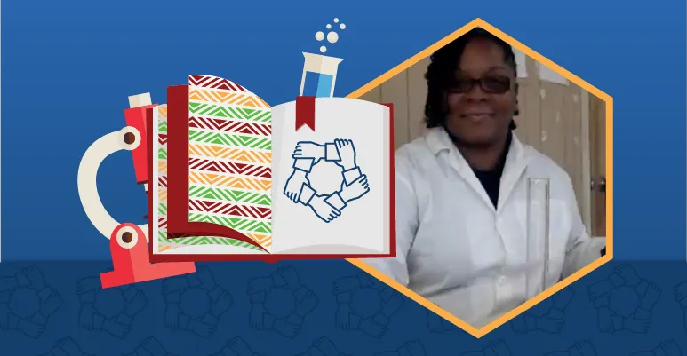 On the right is a portrait of Veronica Wylie, a Black woman, wearing a white lab coat and glasses and holding a glass test tube. Her black hair is braided into cornrows on her left side. On the left is an illustration of a microscope, a test tube, and a textbook open to a page with the RDEISE logo, which is a circle of hands all holding each other by the wrist.