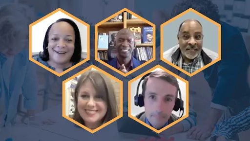 Screenshots of each of the 5 experts on the panel for New Pathways to STEM: Increasing Access & Opportunity in Science Education, superimposed against a background of several people standing around a table looking at a laptop.
