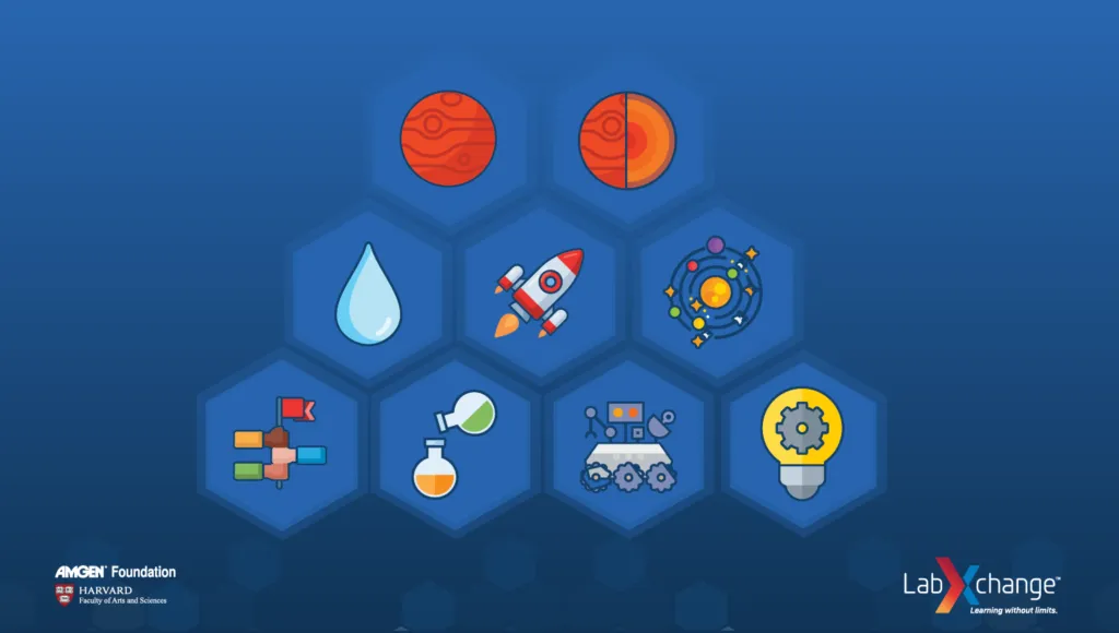 A series of illustrations related to the Mars mission. The illustrations include things like the solar system, a rover, a water droplet, a rocket ship, and the planet Mars. Each illustration is inside a hexagonal frame.