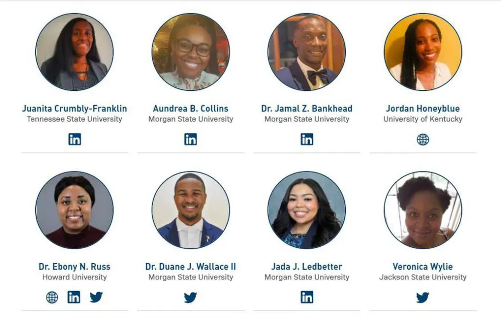The portraits of eight of the RDEISE fellows. Six of them are Black women: Juanita Crumbly-Franklin, Aundrea B. Collins, Jordan Honeyblue, Dr. Ebony N. Russ, Jada J. Ledbetter, and Veronica Wylie. The other two are Black men: Dr. Jamal Z. Bankhead, and Dr. Duane J. Wallace II. They are all smiling and wearing smart, formal clothes.