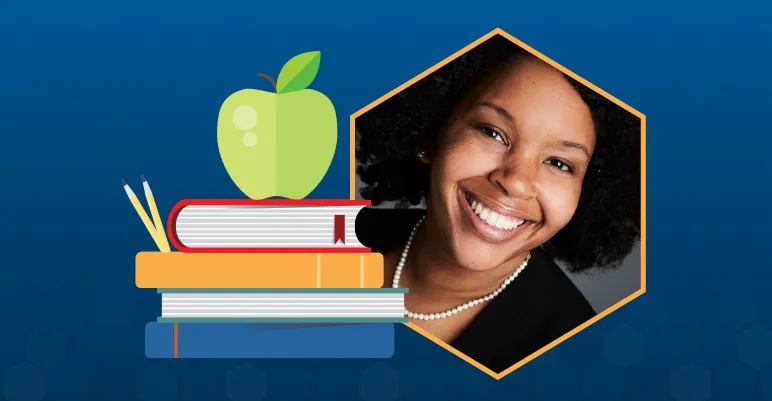 A photo of Joy-Nicole Smith, a Black woman with dark, curly hair and a bright smile. Next to the picture is a stack of four books with a green apple placed on top of the stack and two pencils leaning against them.