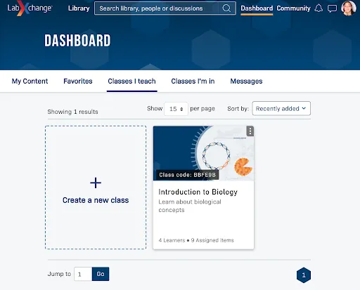 The Dashboard page of LabXchange.