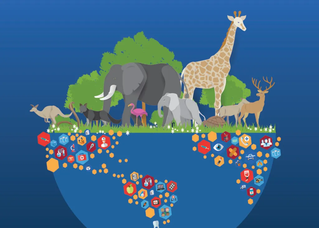 An illustration showing biodiversity. Animals standing on half of the Earth.