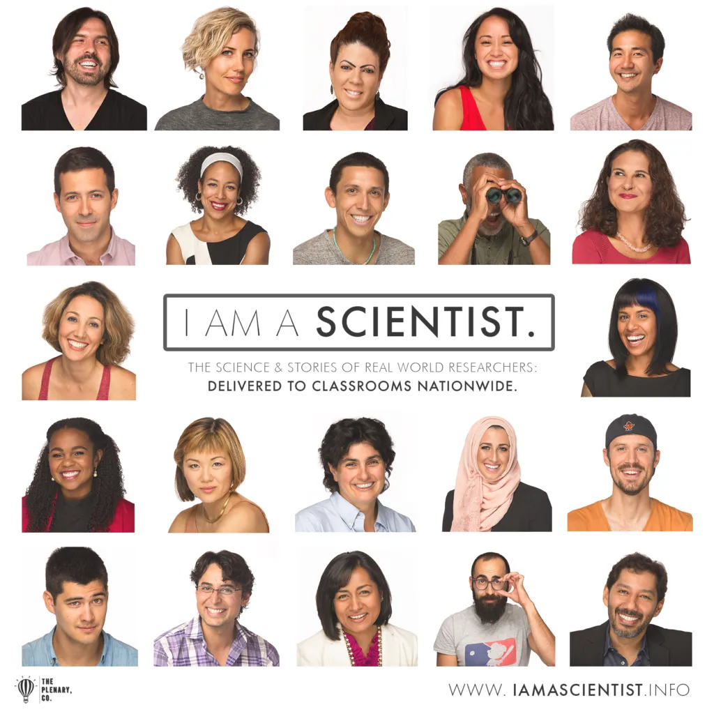Poster for "I Am A Scientist" showing a diverse selection of scientist headshots.