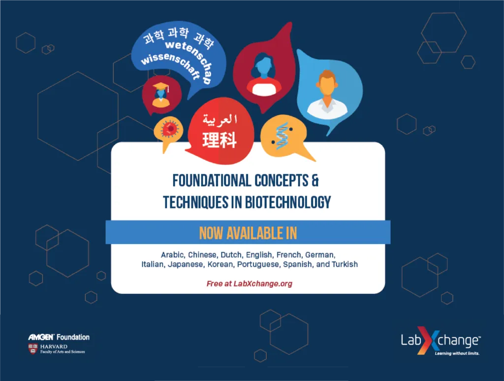 Graphic announcing the Foundational Concepts and Techniques in Biotechnology cluster is available in Arabic, Chinese, Dutch, English, French, German, Italian, Japanese, Korean, Portuguese, Spanish, and Turkish. Free at LabXchange.org.||