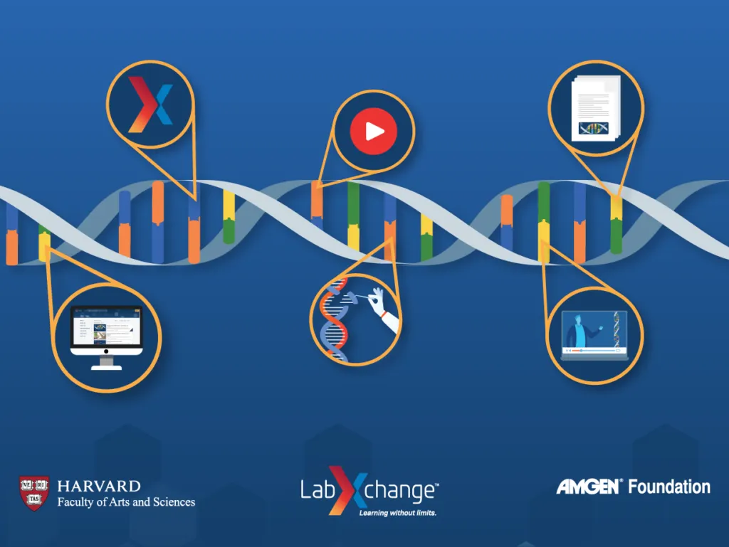 Decorative image of virtual workshop icons along a DNA strand|